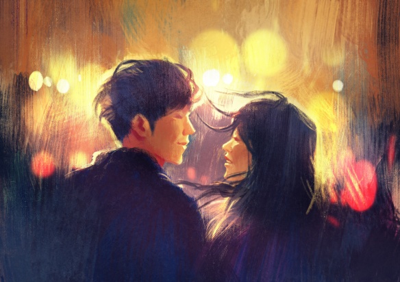 young couple in love outdoor,illustration,digital painting